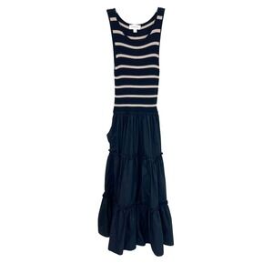 Evereve Striped Ribbed Mixed Media Tiered Maxi Dress Black Tan‎ Pockets SMALL